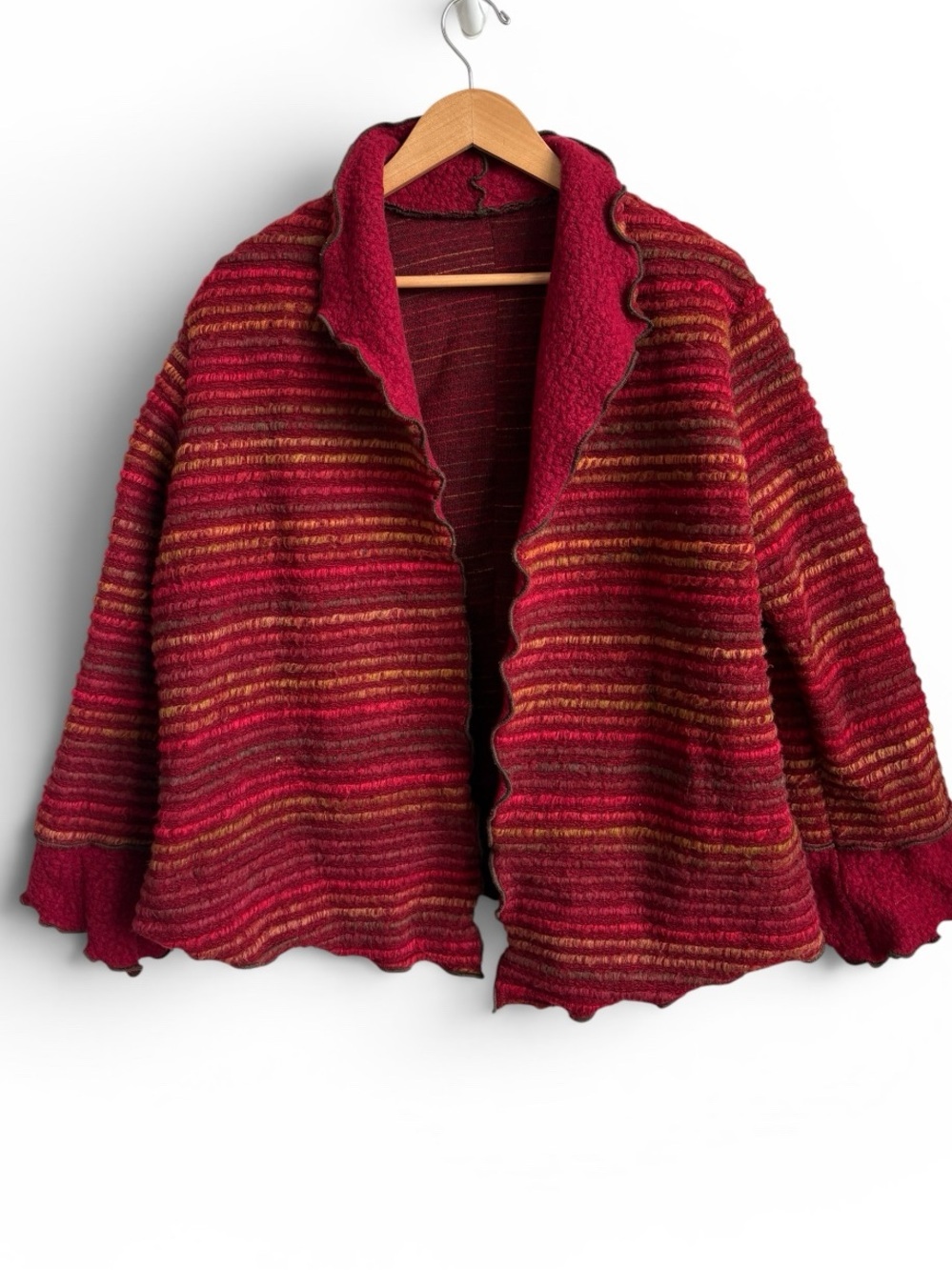 Facets Red Textured Open Front Jacket Size Medium Boho Lagenlook Artsy